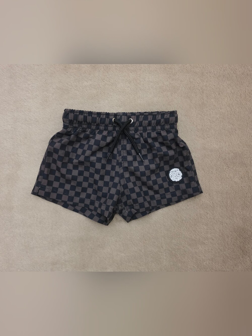Little Surfer Dude Baby Boy Brown/Black Checkered Swim Trunks Size 6-12 Months